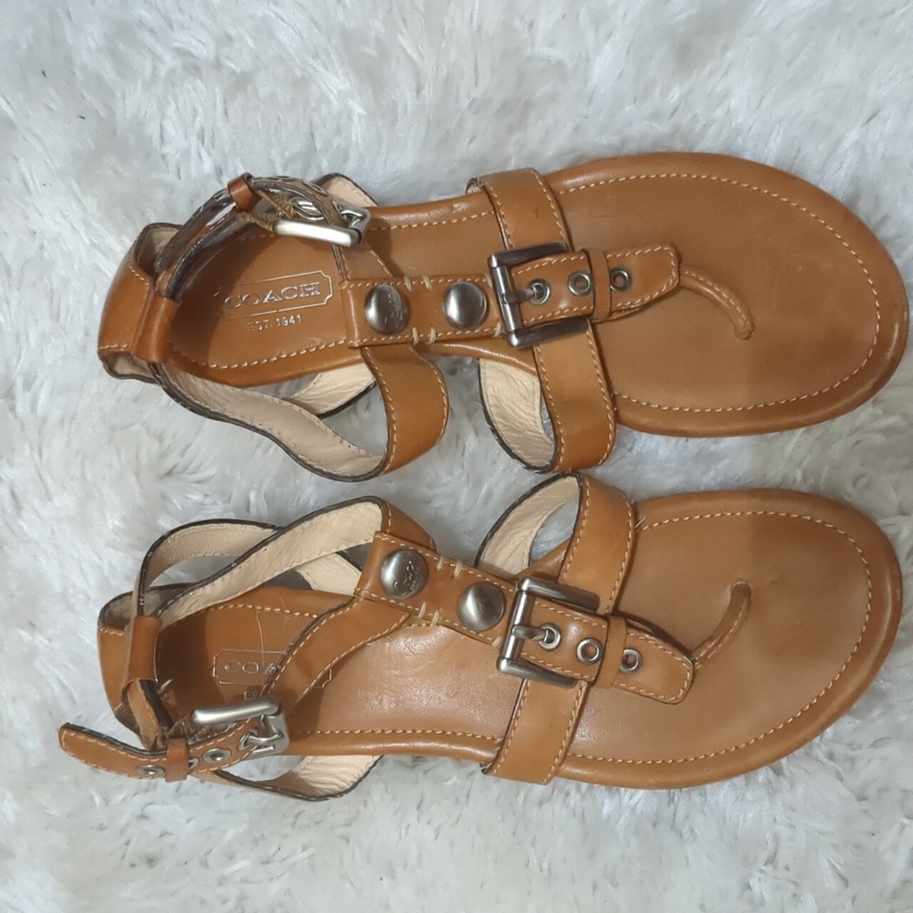 COACH Viktoria Leather T-Strap Thong Wedge Sandals